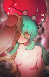 1boy 1girl absurdres breasts censored closed_mouth commentary_request commission duel_monster erection green_hair hair_between_eyes highres kewl_tune_rotary long_hair looking_at_penis mosaic_censoring nipples nude penis penis_awe pixiv_commission ro_g_(oowack) shadow small_breasts sweat yellow_eyes yu-gi-oh!