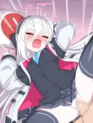 1boy black_shirt black_skirt blue_archive blush censored closed_eyes clothing_aside commentary_request halo highres kei_(blue_archive) kei_(student)_(blue_archive) mosaic_censoring open_mouth panties panties_aside penis pleated_skirt pussy_juice school_uniform sensei_(blue_archive) sex shirt skirt spread_legs textless_version underwear vaginal watarui white_panties white_shirt