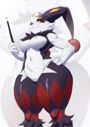 anthro breasts butt digital_media_(artwork) dupin_(pal) female fur genitals hi_res looking_at_viewer navel nipples nude pal_(species) palmorph palworld pocketpair simple_background solo thick_thighs vulva zanzagen