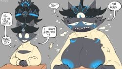1girls 2026 2d 2d_(artwork) big_breasts blue_nipples blush boobs boobs_out breasts breasts_out cat_(battle_cats) cat_ears clothed clothing color colored digital_media_(artwork) embarrassed english english_text female female_only fur grey_background grey_body grey_fur heart hi_res iz_the_dancer_of_grief lil_cherrypop looking_away nervous nipples nyanko_daisensou simple_background solo sweat sweatdrop text the_battle_cats thick_thighs thighs tits video_game_character video_games