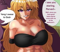 1girls abs big_breasts blonde_female blonde_hair cleavage dialogue long_hair long_hair_female one_arm purple_eyes rdl reddragonlust rwby solo_female yang_xiao_long