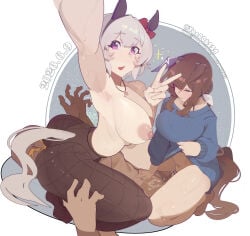1boy 2girls absurdres admire_vega_(casual)_(umamusume) admire_vega_(umamusume) animal_ears ass black_pantyhose blue_sweater blush breasts brown_tail clothed_female_nude_male clothes_lift cowgirl_position cum cum_in_pussy cum_overflow curren_chan_(casual)_(umamusume) curren_chan_(umamusume) dated drooling ear_covers ffm_threesome grey_hair grey_tail group_sex highres horse_ears horse_girl horse_tail large_breasts lifting_own_clothes long_hair looking_at_viewer low_ponytail multiple_girls nipples nude open_mouth panties panties_under_pantyhose pantyhose ponytail puffy_nipples purple_eyes red_eyes sex short_hair simple_background single_ear_cover sitting sitting_on_face sitting_on_person straddling sweater sweater_lift t-head_trainer_(umamusume) tail tail_through_clothes thighs threesome topless_female trainer_(umamusume) umamusume underwear wista