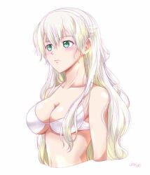 1girls ao_no_kiseki big_breasts bikini breasts breasts_out eiyuu_densetsu elie_macdowell exposed_breasts female green_eyes large_breasts long_hair trails_of_(series) upper_body white_bikini white_hair