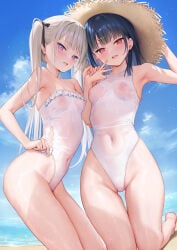 2girls armpits bare_legs bare_shoulders barefoot beach black_hair black_ribbon blue_sky blush breasts casual_one-piece_swimsuit cloud cloudy_sky covered_navel covered_nipples day food-themed_hair_ornament grey_hair hair_ornament hair_ribbon half-closed_eyes hand_on_headwear hat highres holding_hands horizon ichigo_(mignon) kneeling long_hair looking_at_viewer medium_hair mignon multiple_girls ocean one-piece_swimsuit one-piece_thong open_mouth original outdoors pink_eyes purple_eyes ribbon sand see-through_clothes see-through_one-piece_swimsuit sky small_breasts smile strapless strapless_one-piece_swimsuit straw_hat strawberry_hair_ornament sun_hat swimsuit thong twintails v water wet wet_clothes white_one-piece_swimsuit