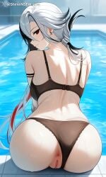 1girls ai_generated arlecchino_(genshin_impact) ass black_panties genshin_impact gray_hair looking_at_viewer pussy pussy_focus red_eyes shineinsfw sitting solo uncensored uncensored_pussy