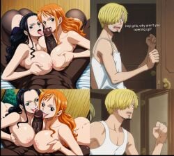 ai_generated cuck dark-skinned_male huge_cock huge_penis interracial nami nami_(one_piece) nico_robin ntr one_piece paizuri sanji_(one_piece) vinsmoke_sanji