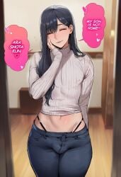 ai_generated bulge_through_clothing bulge_under_clothes crop_top_sweater cropped_sweater english_text exposed_belly eyes_closed feminine_faced_male feminine_male feminine_pose girly hand_on_own_face jeans long_hair_male long_sleeve_sweater male_bitch otokonoko panty_straps penis_bulge talking_to_viewer tomgirl