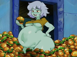1girls ass belly blue_hair breasts burger fat female female_focus female_only food hips krabby_patty large_ass large_breasts nickelodeon nipples_bulge overweight overweight_female red_eyes shirt_only spongebob_squarepants squidward_tentacles stomach thick_thighs thighs underboob weight_gain wide_hips worthlesschub
