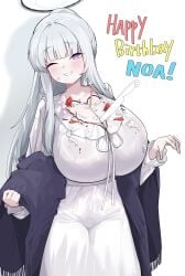 1girls blue_archive cake chocolate_on_breasts food food_on_breasts frosting grin halo happy_birthday knife looking_at_viewer nightgown noa_(blue_archive) noa_(pajamas)_(blue_archive) official_alternate_costume one_eye_closed simple_background smile solo strawberry very_long_hair white_background white_hair