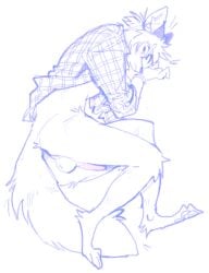 anthro backsack balls blush bottomless canid canine clothed clothing erection fox genitals hi_res looking_at_viewer lying male mammal on_side penis serpent_x shirt solo topwear
