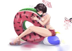 akate animal_ears ass ball_(object) beach_ball bikini blue_archive breasts brown_hair busty compressed doodle_sensei_(blue_archive) halo high_heel_sandals inflatable koharu_(blue_archive) large_breasts on_ball pool_ring pool_toy sideboob sitting sitting_on_ball sitting_on_beach_ball sleepy squish squishing summer thighs tired tsubaki_(blue_archive) white_bikini