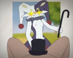 absurd_res anthro breasts clothing digital_media_(artwork) duo dupin_(pal) female first_person_view genitals hat hat_on_penis headgear headwear hi_res human humanoid interspecies jester lagomorph leporid looking_at_viewer male male/female male_pov mammal nipples pal_(species) palmorph palworld pocketpair rabbit redeye small_breasts smile smug_face standing walking_stick wide_hips yellow_eyes