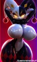 ai_generated anthro anthro_female anthro_only arms_behind_head big_breasts black_fur breasts breasts_out colorful diamond_(marking) feline furry furry_only huge_breasts jester jester_hat large_breasts looking_at_viewer neck_tuft nude nude_anthro orange_eyes pal_(species) palworld questionableaistuff smirking smirking_at_viewer two-tone_fur white_fur