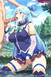 1boy 1girl ai_assisted ai_generated aqua_(konosuba) bare_shoulders blue_eyes blue_hair blush breasts clothed_female_nude_male day detached_sleeves fellatio female_masturbation fingering hair_ornament hair_rings hand_on_another's_head hetero konosuba large_breasts long_hair masturbation nature no_panties nude open_mouth oral outdoors penis skirt sky solo_focus stelmazura thighhighs tongue tree uncensored wading water wet wet_clothes