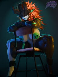 abs artist:bizzy big_breasts black_body chair looking_at_viewer mask midna midna_(picturd) muscular muscular_female orange_hair piercing pinup posing thighs tits