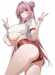 1girl ass breasts buruma commentary commentary_request dorothy_(nikke) double_v english_commentary goddess_of_victory:_nikke gym_uniform hair_bun hair_intakes highres large_breasts long_hair marheit mixed-language_commentary pink_hair purple_eyes red_buruma shirt simple_background single_hair_bun thighs underboob v white_background white_shirt