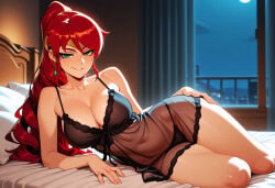 1girls ai_generated bangs bed bedroom bedroom_eyes circlet earrings female female_only green_eyes high_ponytail long_hair negligee night on_bed on_side ponytail pyrrha_nikos red_hair rwby see-through see-through_clothing shiny_hair shiny_skin sidelocks smirk solo solo_female tagme