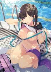 1girl absurdres areolae bag barefoot blush bra breasts brown_hair collarbone day full_body highres hose iizuki_tasuku large_breasts lifting_own_clothes long_hair looking_at_viewer melonbooks navel nipples one_eye_closed original outdoors panties pink_panties pool_ladder poolside purple_eyes shadow short_sleeves smile solo stomach thighs toes tongue tongue_out towel underwear water wet