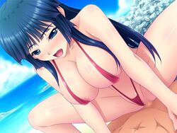 bare_shoulders beach blue_eyes blue_hair blush breasts censored clouds cowgirl_position female game_cg highres kuraki_hiro large_breasts legs long_hair looking_down lying nee-san_no_kareshi:_akogare_no_nee-san_ga_shinyuu_to_tsukiai_hajimemashita ocean open_mouth sex sitting sitting_on_person sky sling_bikini sling_bikini_aside thighs vaginal_penetration