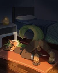 absurd_res anthro anus backsack balls bashful bed bedroom bodily_fluids bodjiart bovid_horn brown_body brown_fur caprine_horn curling_toes elemental_creature erection feet flora_fauna fur furniture furred_kobold furred_scalie genital_fluids genitals grass_hair hi_res horn hybrid kalei_(hydro19) kobold lamp leaf leaf_tail leg_shackles looking_at_viewer male pink_anus plant precum presenting presenting_anus ram_horn restrained_legs rug scalie solo tail