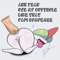 1:1 absurd_res anal anal_penetration anthro big_butt bodily_fluids butt disembodied_penis duo eddiebrije erection female female_penetrated generation_3_pokemon genital_fluids genitals green_hair hair hi_res male male/female male_penetrating male_penetrating_female nintendo not_furry nude penetration penis pokemon pokemon_(species) ralts sex simple_background solo_focus vulva white_body wide_hips