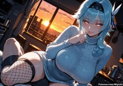 1girl ai_assisted ai_generated bangs blue_hair blush breasts cityscape curtains curvaceous curvy curvy_female curvy_figure dress eula_(genshin_impact) eyebrows_visible_through_hair female finger_to_mouth fishnet_legwear fishnets genshin_impact hair_between_eyes hair_ornament index_finger_raised indoors lamp large_breasts looking_at_viewer miyuai multicolored_hair ribbed_sweater ribbon short_hair shushing sitting smile solo sunset sweater thick thick_ass thick_butt thick_hips thick_legs thick_thighs thighhighs thighs turtleneck turtleneck_sweater voluptuous voluptuous_female wide_hips wide_thighs window yellow_eyes
