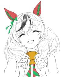grayscale neko4xmata_(mao_zhuo) nice_nature_(umamusume) sfw tearing_up trophy umamusume umamusume_pretty_derby