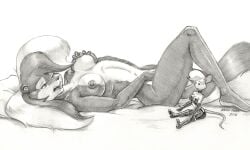 2026 baron_engel breasts fur greyscale hair half-closed_eyes mammal masturbation mephitid monochrome narrowed_eyes navel nude nude_anthro nude_female open_mouth pillow rosemary_parker_(character) skunk tail