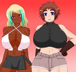 2girls big_breasts blonde_hair blue_eyes breasts brown_hair dark_skin hair hatomame huge_breasts maki_hibino multiple_girls pov