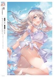 1girl absurdres arm_behind_head arm_up blue_eyes blue_sky blush bow breasts buttons cloud cloudy_sky day frills grey_hair hat high_heels highres leg_up long_hair looking_at_viewer medium_breasts melonbooks midriff motoyon open_mouth original outdoors scrunchie shiny_skin skirt sky smile solo thighs water water_drop wrist_scrunchie
