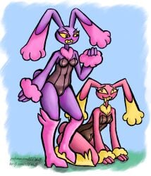 anthro blue_sky blush breasts bulge bunny_girl bunnysuit drooling easter evil_jax_(the_amazing_digital_circus) furry glaring grass heart-shaped_pupils jax_(the_amazing_digital_circus) kneehigh_boots ko-fi lopunny_(cosplay) nsfwulf patreon patreon_url selfcest simple_background the_amazing_digital_circus trans_woman yuri