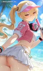 1girls ai ai_generated ass ass_focus looking_at_viewer luciana_de_montefio red_eyes shineinsfw solo summer wet yellow_hair zenless_zone_zero