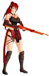 1girls arrancon clothed_female long_hair long_hair_female ponytail pose posing pyrrha_nikos red_hair red_hair_female rifle rwby solo_female