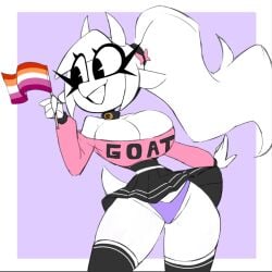 bovid breasts caprine caprine_humanoid choker cleavage cleavage_focus clothed clothing female female_only goat goat_girl hips huge_breasts knee_socks leggings lesbian lesbian_pride_colors long_hair massive_breasts molly_(nelljoestar) nelljoestar panties pride_colors pride_month pride_month_2026 shoulderless_shirt tail upskirt upskirt_view