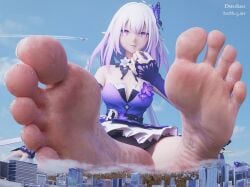 1girl 3d alternative_costume butterfly_hair_ornament castorice_(gossamer_flutter)_(honkai:_star_rail) castorice_(honkai:_star_rail) city destruction dirty_feet dress elf_ears feet feet_fetish feet_focus giantess hair highres honkai:_star_rail long official_alternate_costume pointy_ears purple_eyes purple_hair sitting watermark