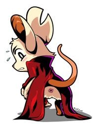 3:4 absurd_res anthro anus anus_only big_ears blush bodily_fluids bottomless cheek_tuft clothed clothing crotch_tuft crouching eyebrows facial_tuft featureless_crotch female fur half_dime hi_res jacket jacket_only looking_back mammal mina_(mina_the_hollower) mina_the_hollower mouse murid murine notched_ear pink_nose rodent solo style_emulation sweat sweatdrop tail teeth topwear topwear_only tuft white_body white_fur wide_hips x_anus yacht_club_games