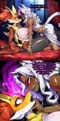 abs ai_generated bare_arms bare_legs bare_shoulders bare_thighs big_breasts cairo_(farggothdur) cat_ears cat_tail catboy comic comic_page dark-skinned_male dark_skin delphox english_text farggothdur femboy femboy_on_female fit_male fox fox_ears fox_girl fox_tail furry furry_female game_freak hypnosis hypnotic_eyes large_breasts long_hair nintendo page_4 pokemon pokemon_(species) purple_eyes smug smug_face text white_hair