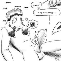 1:1 animal_genitalia animal_penis anthro arm_tuft bodily_fluids bovid canine_genitalia canine_penis caprine chest_tuft dated drooling duo english_text genital_fluids genitals goat hi_res hypnosis hypnotic_clothing hypnotic_eyes knot knotted_penis leaking leaking_precum leaking_through_clothing long_ears male mammal mind_control monochrome nipples penis precum saliva scribbles shoulder_tuft text thought throbbing throbbing_penis tuft valken_holmes vein veiny_penis watermark zandriel_(storytale)