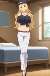 1girl ai_generated arms_behind_back bare_shoulders bed belt black_footwear black_headwear black_shirt blonde_hair blunt_bangs blush breasts brown_eyes closed_mouth clothing_cutout collarbone crop_top digitalwaifugallery full_body hat hi_res high_quality high_resolution indoors jewelry large_breasts long_hair looking_at_viewer midriff navel necklace off-shoulder_shirt on_bed pants patreon red_belt seductive sexy shirt short_sleeves shoulder_cutout smile solo standing tied_shirt uncensored watermark wavy_hair white_pants window wooden_floor