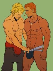 2boys alistair_theirin bulge bulge_through_underwear cullen_rutherford dragon_age dragon_age_inquisition dragon_age_origins gay gay_sex jockstrap jockstrap_only male male/male male_only muscular muscular_male oblivionscribe tagme underwear underwear_only