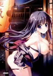 1girl absurdres black_hair black_kimono black_panties blue_eyes bra bra_pull breasts clothes_pull cowboy_shot embarrassed eyebrows_visible_through_hair floating_hair floral_print from_side highres japanese_clothes kimono large_breasts leaning_forward long_hair looking_at_viewer motoyon night nipples open_clothes open_kimono outdoors panties panty_pull print_kimono pulled_by_self shiny shiny_hair shiny_skin solo standing subarashiki_hibi takashima_zakuro underwear very_long_hair