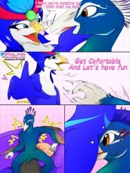 3:4 absurd_res anthro avian beak beakstick bird birdie_(kindle) blue_body blue_eyes blue_feathers comic comic_panel duo feathers female furgonomics galliform generation_9_pokemon hair hi_res humanoid hybrid lipstick makeup male male/female nintendo open_beak open_mouth peafowl phasianid pluma_artist pokemon pokemon_(species) quaquaval weni white_body white_feathers
