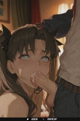 1boy 1girl ai_generated belt black_hair blue_eyes cum cum_in_mouth fate_(series) fellatio frenzyai hetero long_hair looking_up male_pubic_hair oral penis pubic_hair saliva tohsaka_rin tongue uncensored