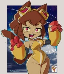 1girls anthro breasts domestic_cat fangs feline female female_only furry gameoverse glitch_productions kit_(gameoverse) looking_at_viewer open_mouth solo sweat teeth tongue yos_ev666