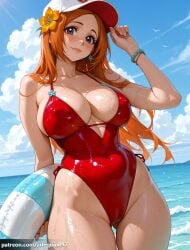 1girl ai_generated arlequin097 arm_behind_back artist_name ass_visible_through_thighs bare_shoulders baseball_cap beach bird bleach bleach:_the_thousand-year_blood_war blue_sky blush bracelet breasts brown_eyes cameltoe casual_one-piece_swimsuit cleavage closed_mouth cloud collarbone covered_navel covered_nipples cowboy_shot day earrings flower hair_flower hair_ornament halterneck hat highleg highleg_swimsuit holding holding_swim_ring innertube inoue_orihime jewelry large_breasts lips long_hair looking_at_viewer ocean one-piece_swimsuit orange_hair orihime_inoue outdoors parted_bangs patreon_logo patreon_username red_one-piece_swimsuit seagull skindentation sky smile solo standing swim_ring swimsuit thick_thighs thighs water wet wet_swimsuit white_headwear wide_hips