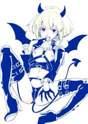 1boy 1femboy androgynous blonde_hair bob_cut boob_window clothing costume crossdressing demon demon_horns demon_tail femboy femboysub feminine_faced_male feminine_male heels high_heel_boots high_heels incubus lio_fotia looking_at_viewer male nipples petite petite_body petite_male promare short_hair short_male slim slim_male slim_waist solo succubus succubus_costume succubus_horns succubus_tail suggestive_pose thigh_boots thigh_strap thin_waist tongue_out twink