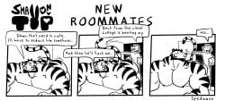 2boys anthro blush blushing caught comic dialogue english_text felid from_behind gay looking_at_another looking_back male male/male male_only muscular muscular_male nipples nude pecs presenting_ass presenting_butt roommate spedumon text tiger