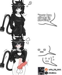 1futa 1futanari ? ass black_and_white_horns black_bra black_bra_straps black_clothes black_clothing black_dress black_hair black_horn bra bra_strap cock coilbun dialogue electric_tail erection erection_under_clothes erection_under_clothing erection_under_dress futanari heterochromia horn horns legs multicolored_eyes o_o original_character original_characters penis penis_juice reference_image roblox roblox_avatar robloxian showing_off showing_penis social_media tail white_ass white_background white_body white_horn white_legs white_skin