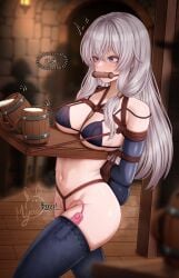1girl absurdres alcohol bare_shoulders bdsm beer beer_mug bikini bikini_top_only blue_bikini blue_eyes blue_thighhighs blush bound bound_arms bound_torso breasts commentary cup elaina_(majo_no_tabitabi) english_commentary english_text failure gagged grey_hair hair_between_eyes highres indoors long_hair looking_at_object majo_no_tabitabi medium_breasts mug myeu navel no_panties nude serving_tray_(bdsm) sex_toy shibari solo spilling stomach sweat swimsuit teeth thighhighs triangle_bikini_top very_long_hair vibrator