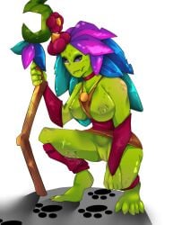 2023 absurd_res barefoot bottomwear breasts bubblepop2001 choker chucklefish claws clothed clothing crouching elemental_creature elemental_humanoid feet female flora_fauna floran footprint genitals green_body hi_res holding_object humanoid jewelry leaf leaf_hair legwear looking_at_viewer necklace nipples nuru_(starbound) partially_clothed pawprint plant plant_hair plant_humanoid pseudo_hair purple_eyes simple_background smile solo staff starbound topwear upskirt video_games vulva